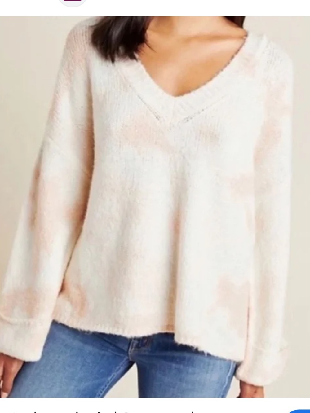 Anthropologie Cream and Light Pink V-Neck Tie-Dye Sweater Size S